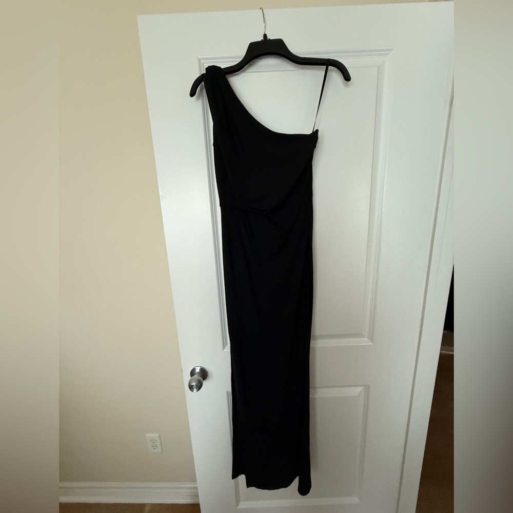 BCBG maxi formal black gown with slit on right side